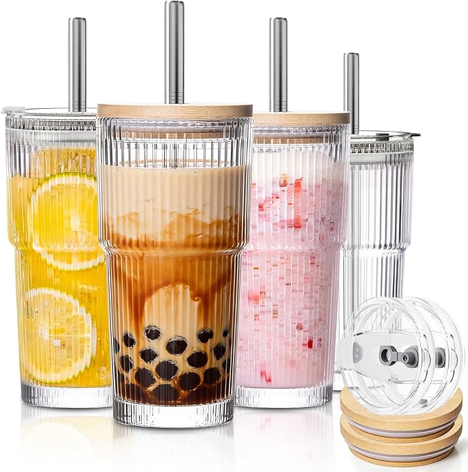 KEMORELA 20oz Ribbed Glass Tumblers with Bamboo & 2 in 1 Leak-proof Lids, Extra-Wide 13mm Reusable Stainless Steel Straws, 4Pcs Vintage Drinking Glasses for Boba, Iced Coffee,Smoothies,Travel Cups