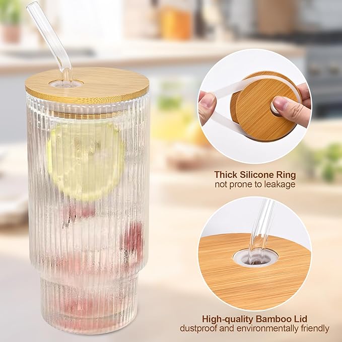 16Oz glasses drinking set of 4,Ribbed Glass Cups With Lids And Straws,Glass Tumbler With Lid for Beer, Juice, Water, Iced coffee Cup,Whiskey