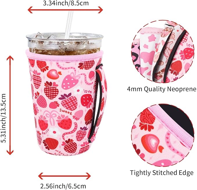 4Pack Reusable Iced Coffee Sleeve Insulator Sleeves for Cold Drinks Beverages, Neoprene Cup Holder for Most Coffee, Fits 22-24oz Medium Cups (Pink Coquette)