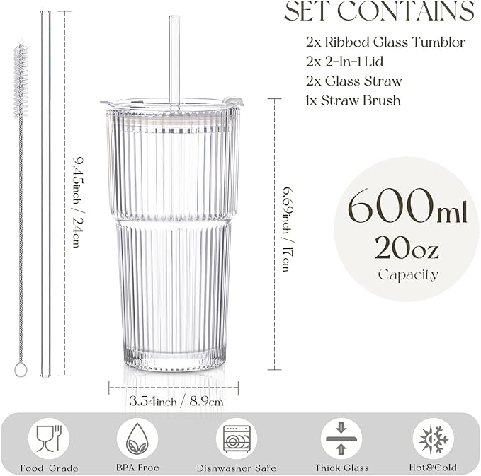 KEMORELA 2-Pack 20 oz Ribbed Glass Tumblers with Lids and Glass Straws – Vintage Iced Coffee Cups, Reusable Smoothie & Cocktail Drinking Glasses, Clear Glassware for Home or Cafe