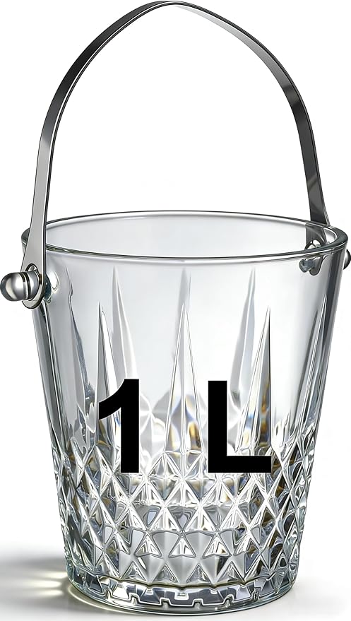 Glass Ice Bucket with Handle and Stainless Steel Tongs - Glass Ice Buckets for Party,Wine, Beer, Champagne, Cocktail Bar, Mini & Portable, 1000ml