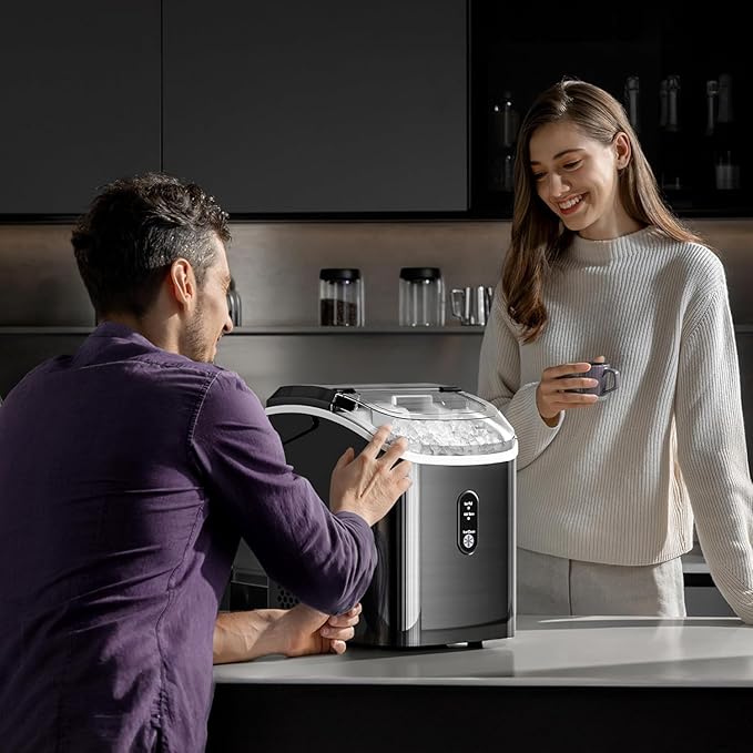 Kismile Nugget Ice Makers Countertop,35Lbs/24H,Portable Sonic Ice Machine with Self-Cleaning,One-Click Operation for Home/Office(Stainless Steels Black)