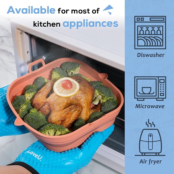 Silicone Air Fryer Liners Square - Reusable Airfryer Collapsible Basket - Easy to Clean Air Fryers Pot for 5.8 to 8 Qt Baking Tray Oven Accessories, 8.5 Inch Large