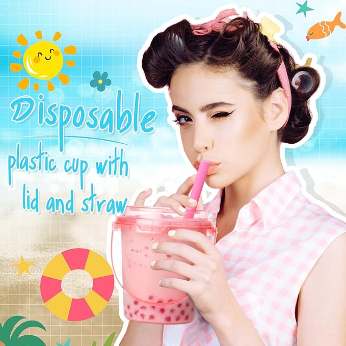 Funnymoom 60 Set 24oz Disposable Plastic Drink Buckets with Lids and Straws Pastel Iced Coffee Cups Rum Buckets for Cocktail Parties Smoothie Cup Bulk with Handles for Beach Pool Party Supplies