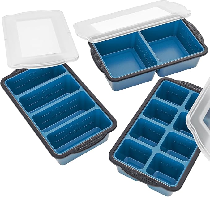 GORCI Silicone Soup Freezer Trays with Lids - 3 Pack, ½ cup, 1 cup, and 2 cup - Perfect Portion Control for Broth, Sauce & Meal Prep ，100% Platinum Silicone BPA-Free, Flexible, Dishwasher Safe