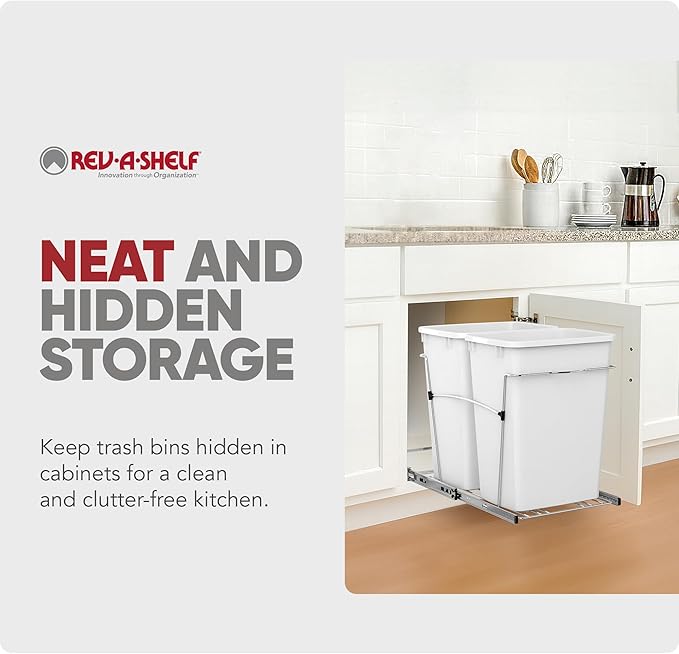 Rev-A-Shelf RV-18KD-11C S Double Pullout Trash Can for Kitchen Cabinets 35 Qt Garbage Recycling Bin on Full-Extension Slides, White