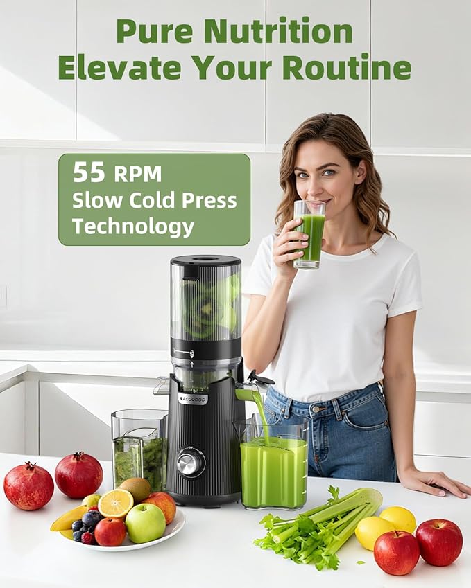 Cold Press Juicer, Auto Feed & Pre-cut, 55 RPM Slow Masticating High Juice Yield Juicer Machines, Easy to Clean, 5.3" Wide Chute, 1.8L Hopper with 2 Cups, Black