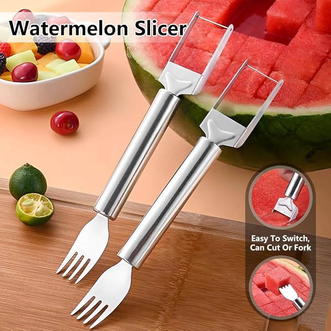 2-in-1 Stainless Steel Fruit Cutter, Watermelon Fork Slicer Tool, Watermelon Slicer and Fork, Dual Head Knife with Round Handle for Kitchen Fruit Cubes (3Pcs)