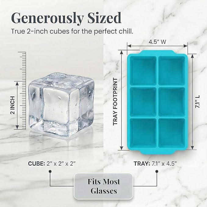 KitchFort Large Silicone Ice Cube Tray (2-Pack), Easy Release 2" Big Ice Cubes - Cocktail, Whiskey Ice Cubes Mold - Ice Trays for Freezer with Lid - Stackable Silicone Ice Tray - Turquoise