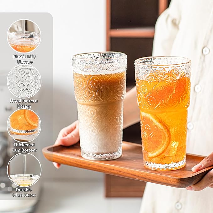 INSETLAN 20oz Begonia Flower Glass Tumbler Set of 2 – Thickened Glass Cups with Lids and Glass Straws for Iced Coffee, Smoothies, Milk, Water, and More – Elegant& Durable Drinkware