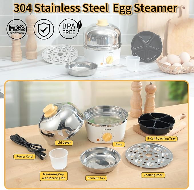 Oroton 9-Egg 304 Stainless Steel Egg Cooker – Steam & Boil Eggs with Timer, Automatic Shut-Off & 3 Cooking Modes (Blue)(Hard/Medium/Soft)