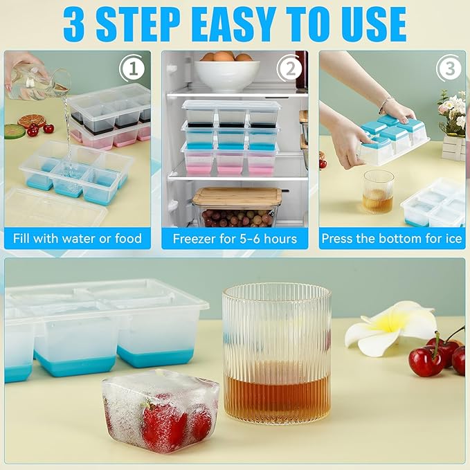 Ice Cube Trays 2 Pack, JRISBO Large Silicone Ice Cube Molds with Leak-Proof Lid, TPE Frame & Easy Release Bottom, Stackable Freezer Ice Trays for Whiskey, Cocktails, Soup, BPA Free (Blue)