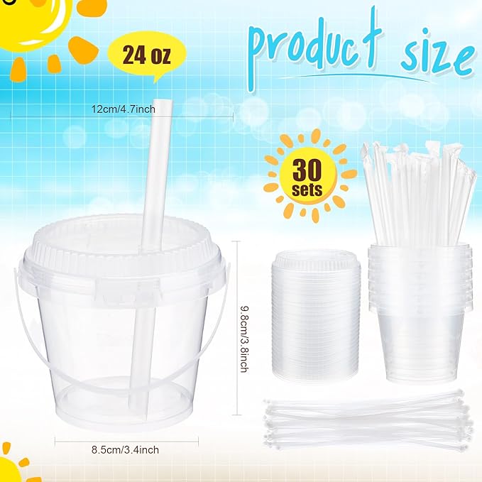 Funnymoom 30 Set 24 oz Clear Drink Buckets with Lids and Straws, Disposable Plastic Rum Cocktail Pails with Handles, Large Smoothie Cups for Adult Bachelorette Party Supplies, Beach & Catering Events