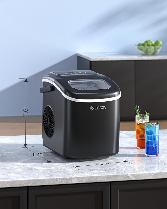 ecozy Ice Makers Countertop, Portable Ice Machine with Carry Handle, 26lbs in 24Hrs, 9 Ice Cubes Ready in 6 Mins, Auto-Cleaning Ice Maker with Basket and Scoop, for Home/Kitchen/Camping/RV