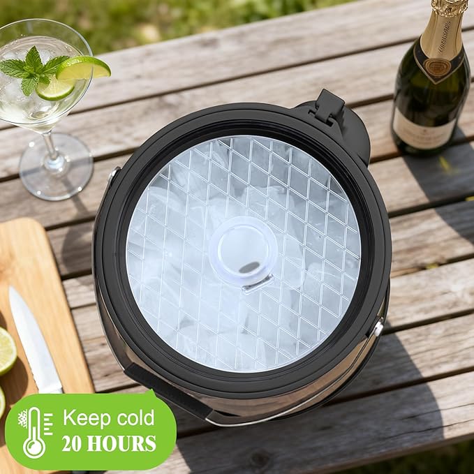 7QT/6.8L Large Insulated Ice Bucket for Parties, Double-Wall Beverage Bucket with Scoop & Lid,Keeps Champagne, Wine, Beer Chill for Parties (Black)