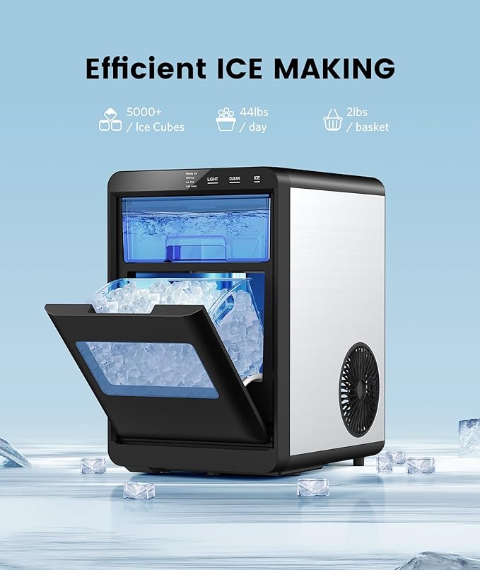 Electactic Nugget Ice Maker Countertop, Chewable Pellet Ice Machine with Handle, 44lbs Per Day Portable Ice Makers, Auto-Cleaning Ice Machine with Basket and Scoop for Home/Party/RV/Camping (Silver)