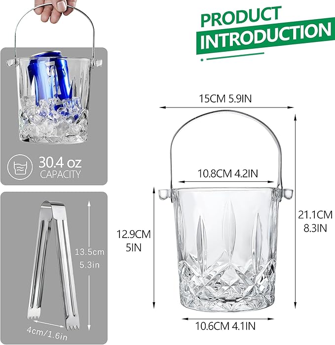 30.4oz Glass Ice Bucket with Handle Ice Tong 5 * 4.1inch Crystal Clear Cocktail Wine Champagne Cooler for Christmas Bar Parties Cocktail Accessories