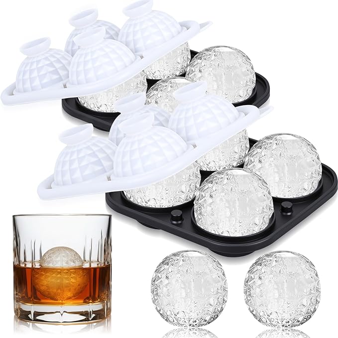 Hoolerry 2 Pcs 3D Golf Gifts Ball Ice Maker Mold 2.2" Large Sphere Round Silicone Ice Cube Tray 4 Hole Fun Shapes Big Ices Cube Mold with Funnel for Whiskey Cocktails Bourbon Chilling