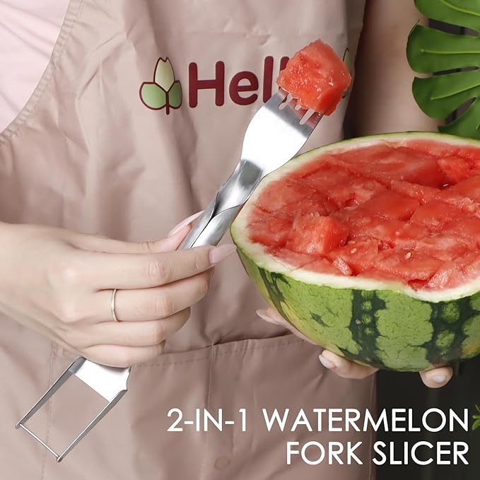 KAYCROWN Stainless Steel Watermelon Fork Slicer, 2-in-1 Quick Cutting Dual Head Watermelon Cutter Fork, Portable Hanging Fruit Forks Slicer for Home Party Camping Kitchen Practical Gadget, Pack of 2
