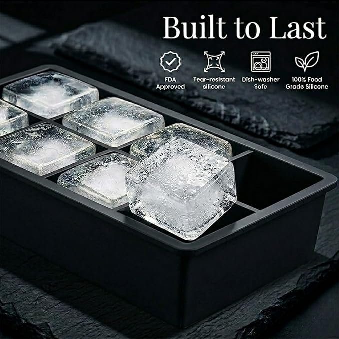 Large Silicone Ice Cube Tray - 3 Pack Trays for 8 Square Cubes with Large Bin, Scoop, Tong & 2 SS Straws - Easy Release Ice Mold for Whiskey, Cocktails, Coffee (Black)
