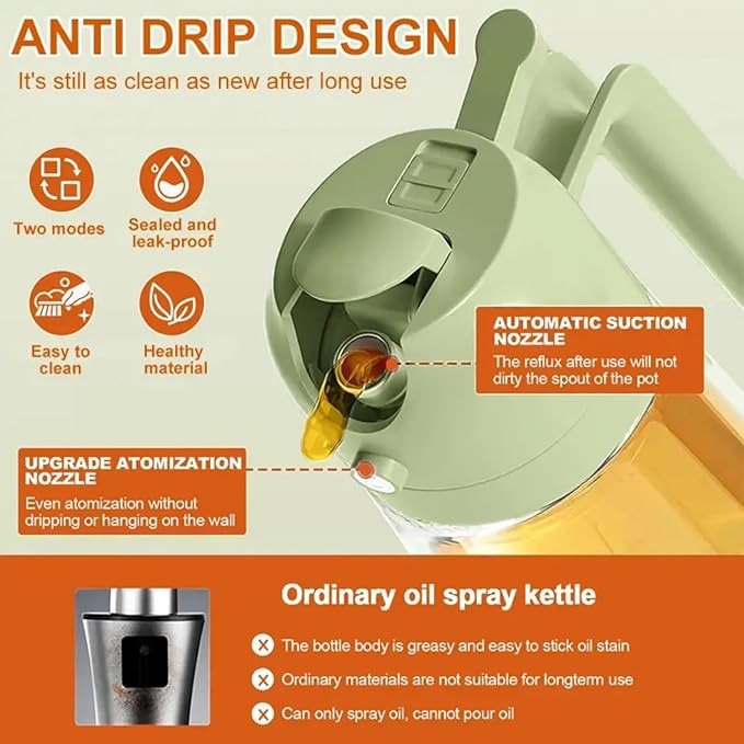 16oz/470ml Glass Olive Oil Sprayer for Cooking - 2 in 1 Olive Oil Dispenser for Kitchen Gadgets, Air Fryer, Salad, and BBQ (Green)
