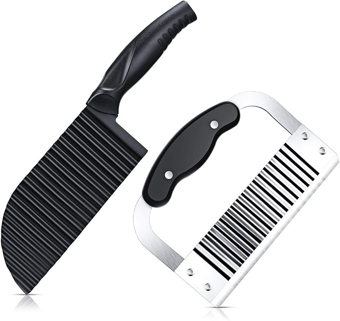 Patelai 2 Pcs Crinkle Cutter Set for Potato Vegetable French Fry, Stainless Steel Blade Wavy Slicer, Wavy Crinkle Cutting Tool Salad Chopping Knife Soap Fruit French Fry Slicer(Plastic Handle,Black)