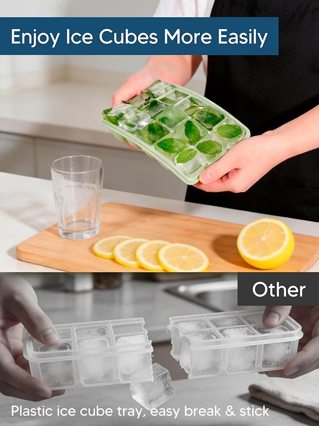 4 Pack Silicone Ice Cube Trays with Lid, Easy Release Ice Cube Trays for Freezer, Reusable and Stackable Silicone Ice Molds, Covered Ice Cube Trays for Cocktails, Whiskey, Coffee