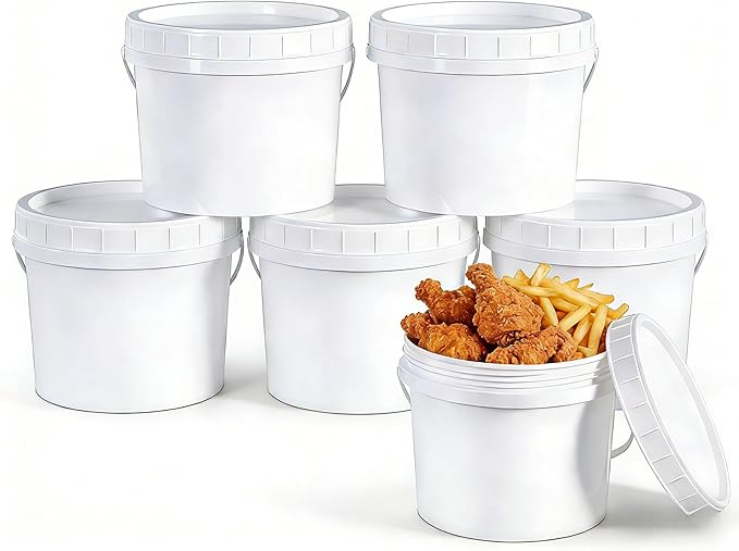 6 Pack 1 Gallon Plastic Buckets with Screw Lids & Handle, Food Grade Storage Containers for Kitchen, Freezer - Reusable White Plastic Bucket Set (White, 6pack 1Gal)