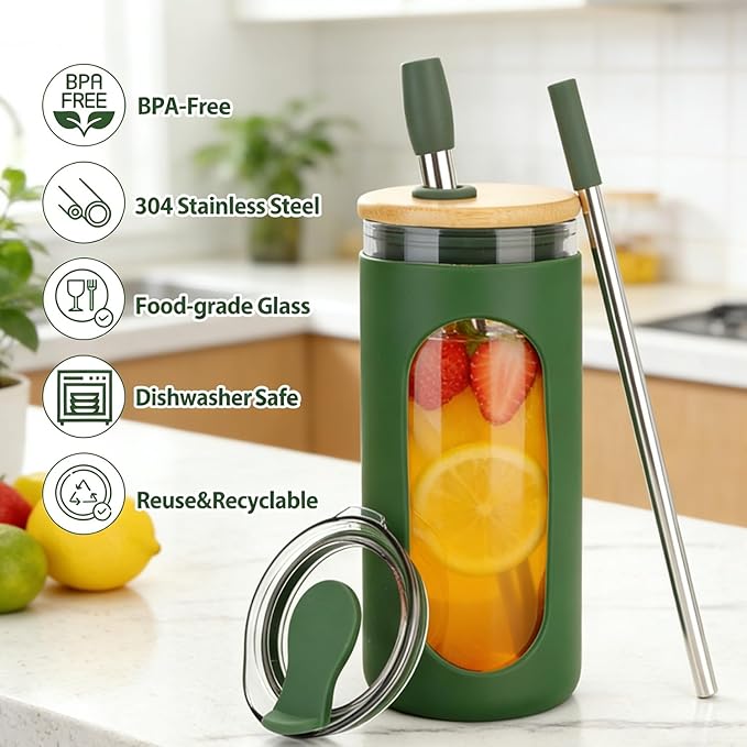 Sursip Glass Cup Tumbler with Straw and Lid, 20 oz Reusable Borosilicate Glass Coffee Cup with Lids for Iced Coffee, Smoothie, Boba, Juice,Travel to Go Tumbler BPA-Free - Lake Blue