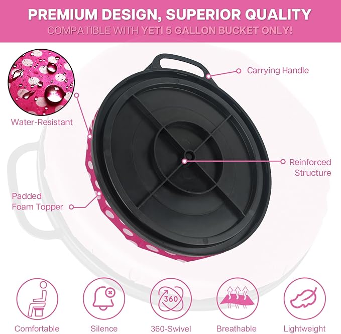 5 Gallon Bucket Seat for Yeti Bucket Only, Swivel Bucket Lid with Padded Top for Cozy Sitting, Bucket Seat Cushion for Outdoor Fishing,Hunting,Gardening, Baseball Training, Pink, Black