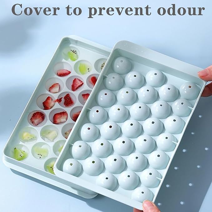 Round Ice Cube Tray with Lid, Mini Ice Ball Maker Mould for Freezer 33 Reusable Sphere Circle Ice Making Mold Easy Release for Water Cocktail Whiskey Coffee (Blue)