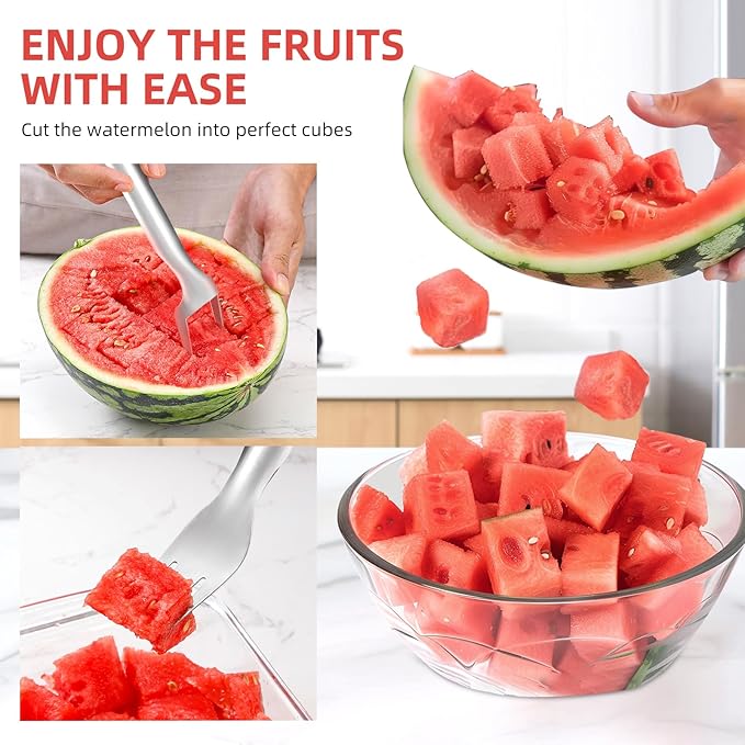 2-in-1 Stainless Steel Watermelon Fork Slicer Cutter - 1 PC Single Pack, 2024 Upgrade, Dual Head Fruit Fork Slicer for Effortless Summer Fruit Cutting at Home, Parties, and Camping