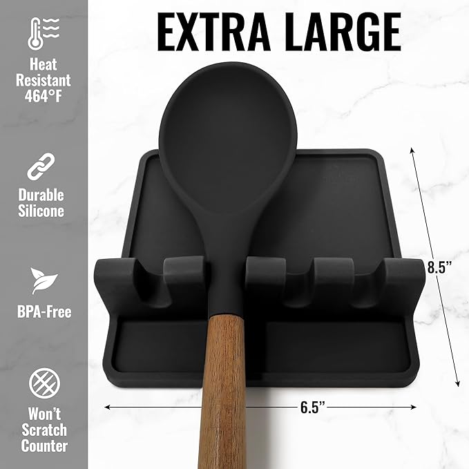 Zulay Kitchen Extra Large Silicone Utensil Rest with Drip Pad for Multiple Utensils - BPA-Free Heat-Resistant Spoon Rest & Spoon Holder for Stove Top - Kitchen Utensil Holder for Spoon - Black