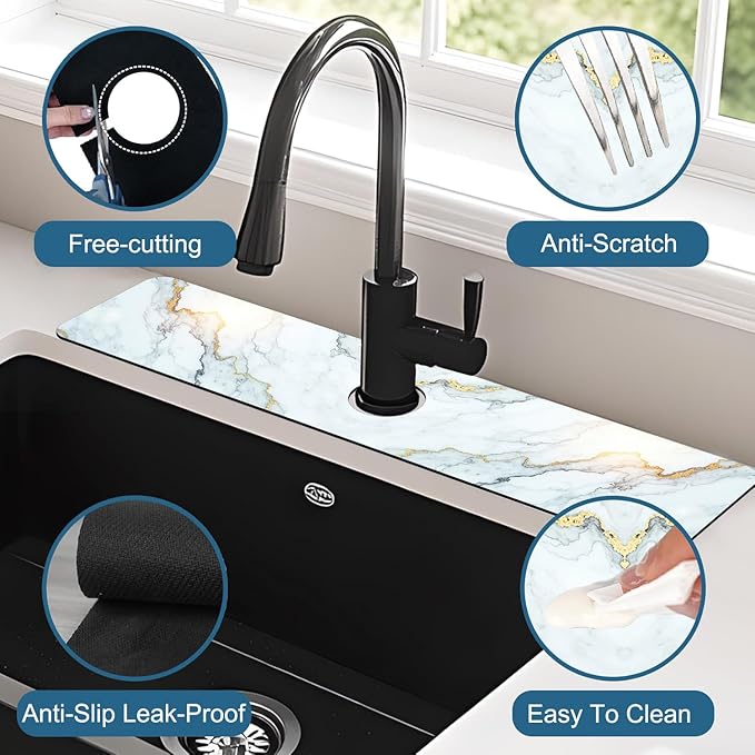Marble Pattern Sink Splash Guard Gray Gold Marble Faucet Absorbing Mat Fast Drying Mat Sink Gadgets Splash Guard Behind Faucet Drip Catcher for Kitchen Bathroom, 23.5"x5.5"