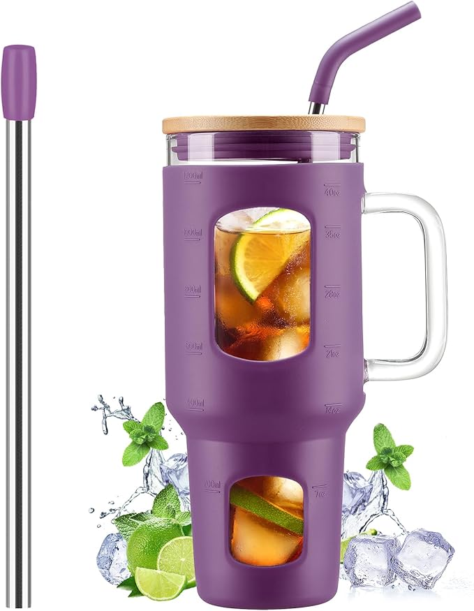 WINSA Glass Tumbler with Straw and Lid, 40 oz glass cup with handle, Glass Water Bottles with Time Marker, Silicone Protective Sleeve-Dark Purple
