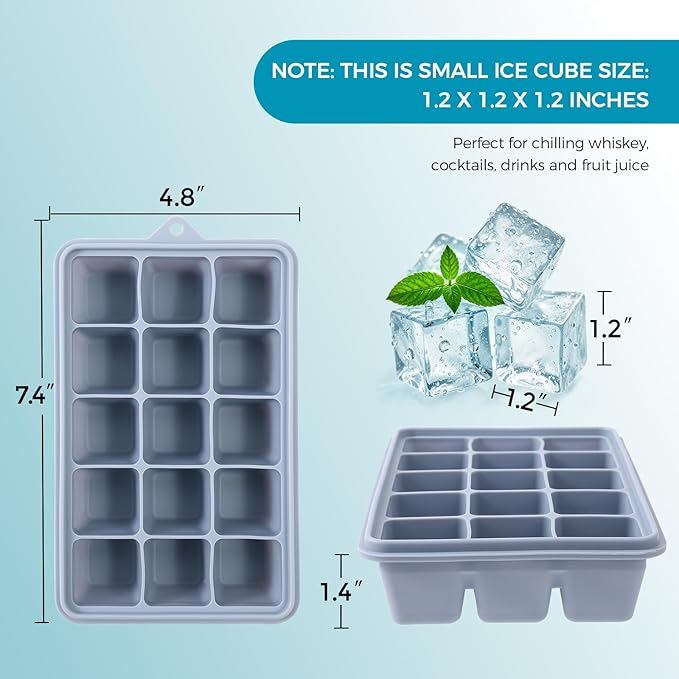Silicone Ice Cube Trays with Lids 3-Pack, 15-Cavity Ice Tray Set for Freezer, Easy-Release BPA-free Ice Cube Mold for Whiskey, Coffee, Cocktails and More (3, Green+Blue+Pink)