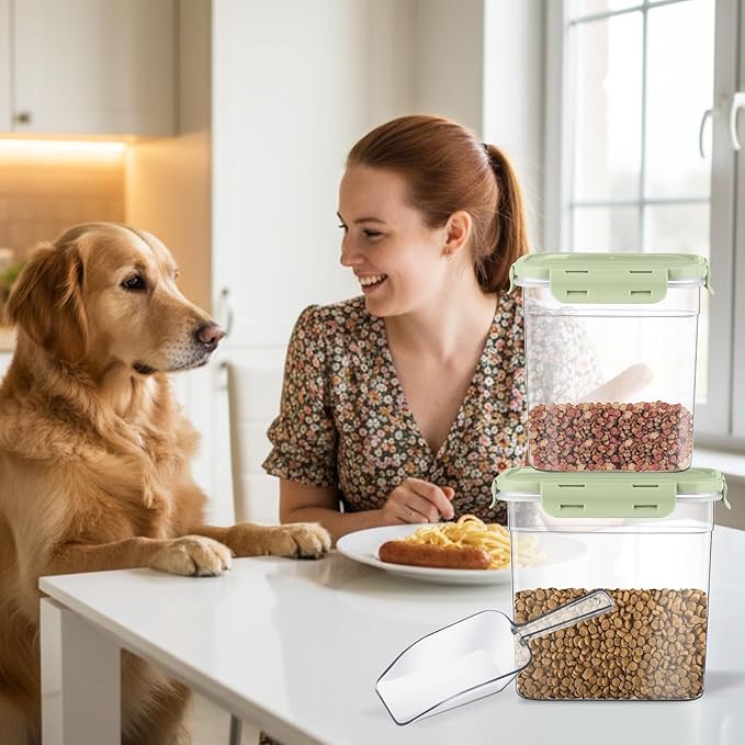 Patelai 6 Pcs Dog and Cat Food Storage Containers with Scoops Set Plastic Pet Food Storage Containers Stackable Airtight Dry for Kitchen 1.27, 2.4, 4 Qt (Green)