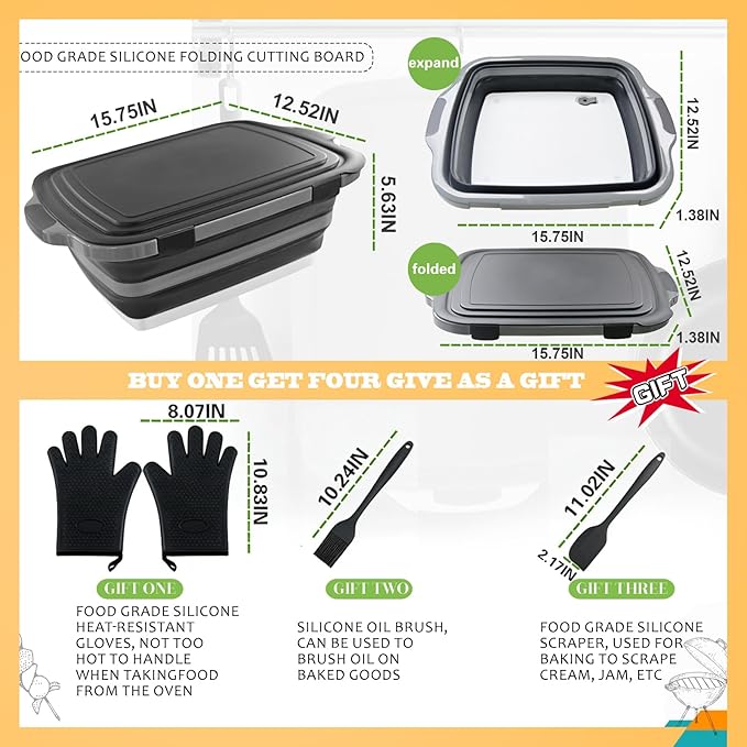 Collapsible BBQ Prep Tub with Lid & Cutting Board 8L - Meat Marinating Basin & Grill Carry System - 5pc Set with Heat Resistant Gloves, Basting Brush & Spatula(Black, Large, 8L)