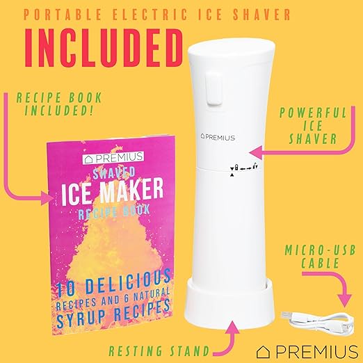 Cordless Shaved Ice Maker By PREMIUS – Lightweight, Rechargeable, Bonus Recipe Book, Resting Stand – Caribbean Shaved Ice! USB Cord Included – Up to 40 Snow Cones Per Charge! No Molds Needed! (White)