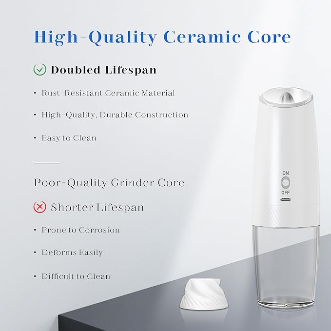 UNNEES Rechargeable Electric Salt and Pepper Grinder Set, Gravity Activated, Adjustable Coarseness, LED Light, USB Charging, Ceramic Core, 150ml Transparent Hopper, Black + White