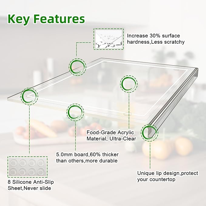 Acrylic Cutting Board with Juice Groove, Non Slip Clear Cutting Board with Counter Lip, 17.5x13.5 Inch Cutting Boards for Kitchen Countertop, Dough Mat, Kitchen Gadgets 2024, Gifts for Women