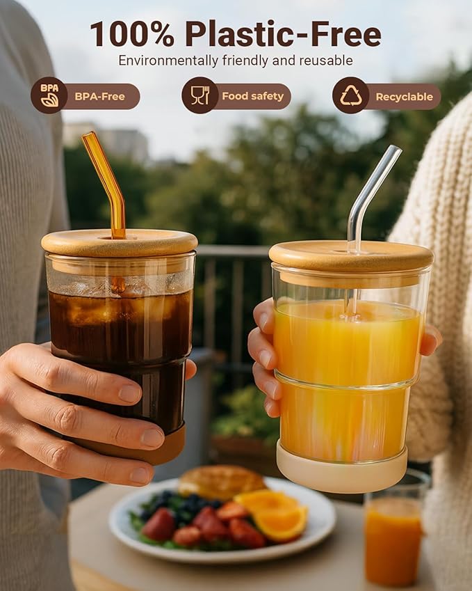 Zukro 13 oz/400ml Glass Cups with Bamboo Lid and Straw, Thick Wall Reusable Glass Tumbler for Iced Coffee, Tea, Matcha, Water Glasses for Home, Office, Non-Slip & BPA Free, Amber & Shrimmer