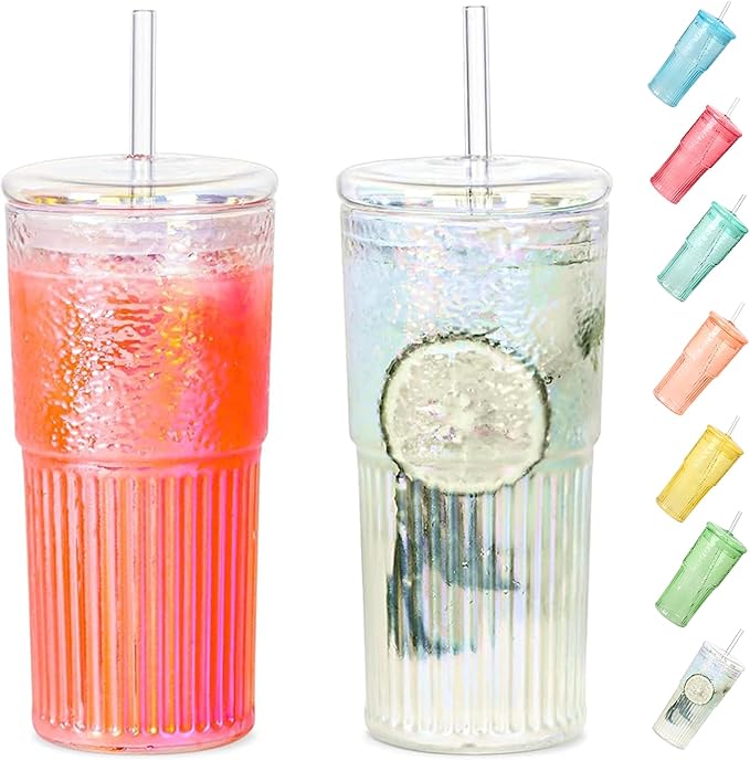 QWEZXO Colorful High Borosilicate Glass Cups With Lids and Glass Straws，20 OZ Rainbow Iced Coffee Water Tumbler Smoothie