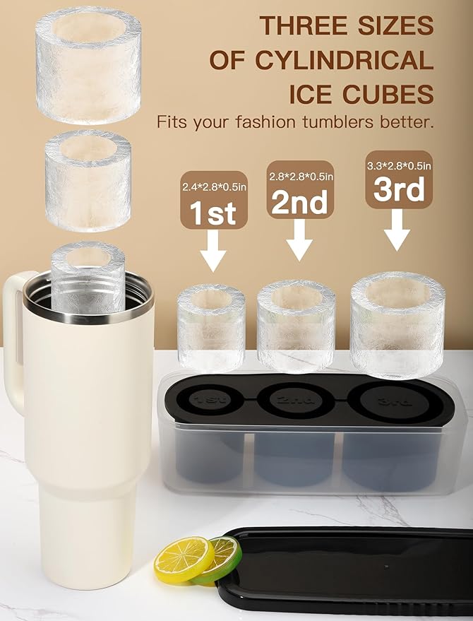 Ice Cube Tray for Tumbler Cup 30Oz-40Oz, 3 Pcs Silicone Cylinder Ice Mold with Lid and Bin for Freezer, Easy Fill and Release Ice Maker for Whiskey, Cocktail BPA-Free (Black, 40Oz-Type1)