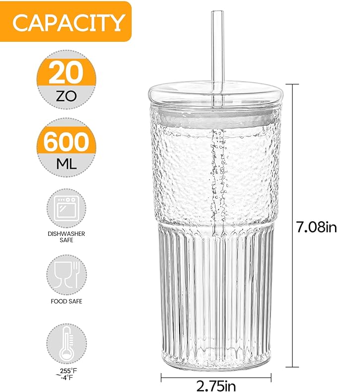 QWEZXO Glass Cups With Lids and Glass Straws，20 OZ High Borosilicate Glass Tumbler Iced Coffee Water Smoothie…