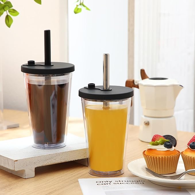 Honeydak 4 Pack 16 oz Reusable Iced Coffee Cups with Lids and Straws Leakproof Double Wall Insulated Clear Plastic Iced Coffee Tumblers with Straw Brushes