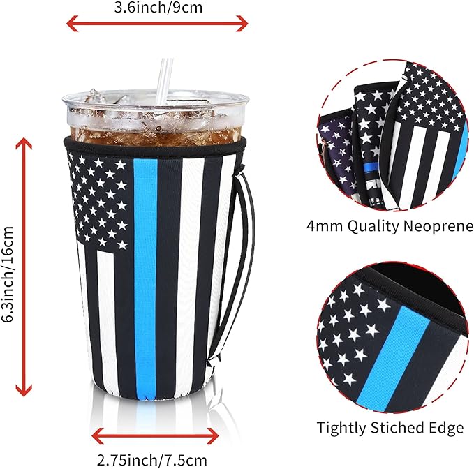 4Pack Reusable Iced Coffee Sleeve Insulator Sleeves for Cold Drinks Beverages, Neoprene Cup Sleeve With Handle for Most Coffee, Fits 30-32oz Large Cups (American Flag with Handle)