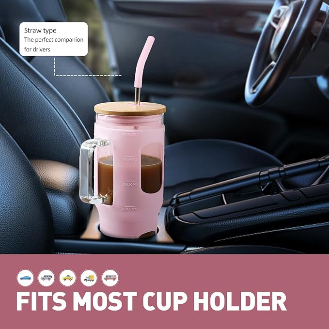 WINSA Glass Tumbler with Straw and Lid, 32 oz Glass Cup with Handle, Glass Water Bottles with Time Marker, 2 Straws - Pearl Straw & Drinking Straw Silicone Protective Sleeve-Pink