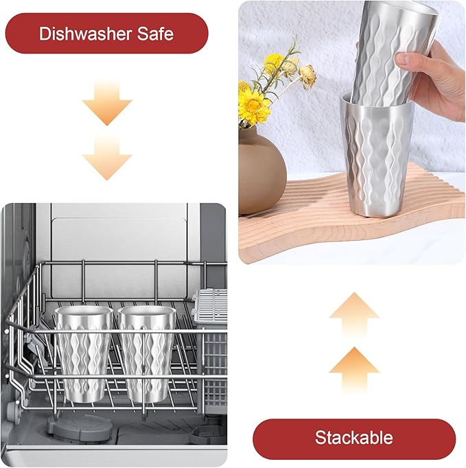 4 Pack Stainless Steel Double Wall Cups, 16 oz Insulated Tumbler, Unbreakable Stackable Water Tumblers Insulated Metal Cup Premium Drinking Glasses for Travel Camping Home Outdoor