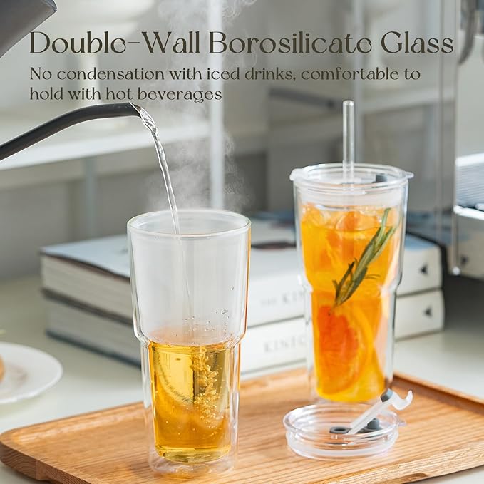KEMORELA 20 oz Double Wall Glass Tumblers with Lids & Straws, Set of 4—Insulated Clear Drinking Glass Cups for Iced Coffee, Matcha, Smoothies, Whiskey, and More—Reusable for Home & Parties